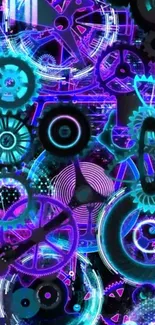 Neon abstract wallpaper with gears in blue and purple.