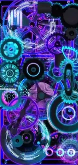 Futuristic neon gear wallpaper with blue and purple glowing gears.