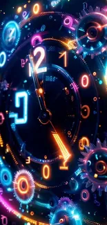 A vibrant neon gear clock with glowing colors.