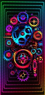 Colorful neon gears on dark background for phone wallpaper.