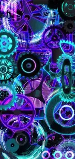 Neon gear tech wallpaper with vibrant blue and purple hues.