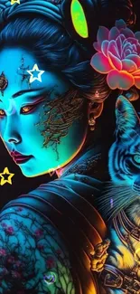 Neon art of geisha with a mystical cat.