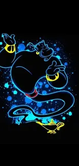 Neon genie emerging from a lamp on a black background, adorned with blue hues.