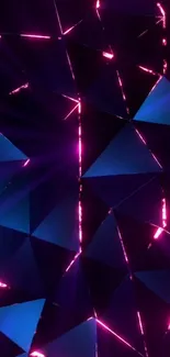 Neon geometric abstract wallpaper with blue and pink hues, featuring vibrant lighting effects.