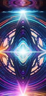 Vibrant neon geometric art wallpaper with symmetrical and dynamic design.