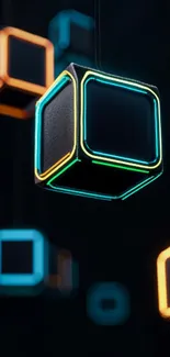 Neon glowing cubes with geometric design on black background.