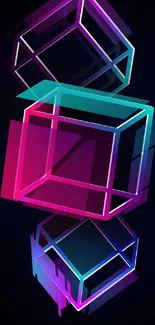 Vibrant neon geometric cubes on a dark background, perfect for mobile wallpaper.