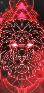 Neon geometric lion head in red hues on phone wallpaper.