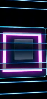 Neon squares and lines with pink and blue hues on a black background.