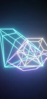 Neon geometric 3D wireframe shapes on a dark background.