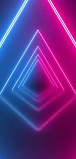 Neon blue and pink geometric triangle wallpaper with a futuristic design.