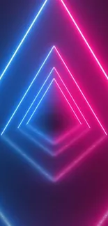 Vivid neon triangles creating a futuristic tunnel effect with pink and blue hues.