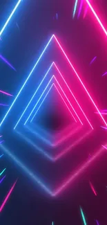 Neon geometric wallpaper with pink and blue glowing triangles.