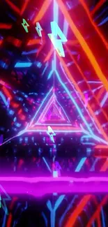 Futuristic neon geometric mobile wallpaper with glowing triangles.