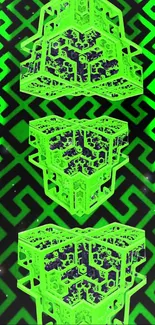 Neon geometric wallpaper with green fractals.