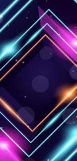 Neon geometric mobile wallpaper with vibrant glowing lines.