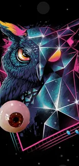 Neon geometric owl with abstract patterns on a black background.