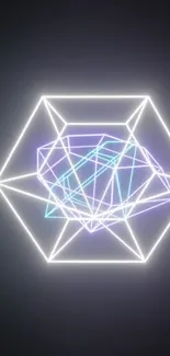 Stylish neon geometric wallpaper with glowing 3D shapes on a dark background.