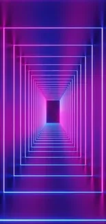 Vibrant neon geometric wallpaper with pink and blue light effects creating a tunnel.