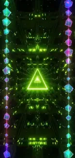 Neon green geometric triangle wallpaper with abstract patterns.