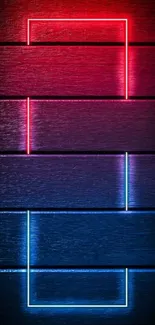 Neon geometric mobile wallpaper with red and blue lines on a dark background.