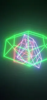 Neon geometric shapes on a dark background.