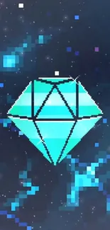 Neon teal geometric diamond in a starry space background.