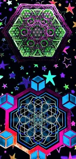 Vibrant neon geometric starry wallpaper design featuring hexagonal patterns.