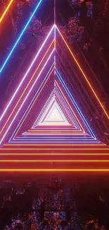 Neon geometric triangles with vibrant orange and pink hues.