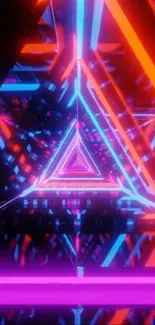 Colorful neon triangle vortex wallpaper with pink, blue, and red lights.