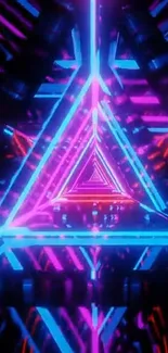 Neon geometric triangles with vivid pink and blue lights, creating a futuristic feel.