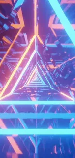 Neon geometric tunnel with vibrant blue and orange colors.