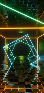 Neon geometric tunnel with vibrant reflections and colorful lights.