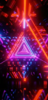 Neon geometric tunnel with vibrant lights and futuristic patterns