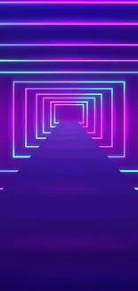 A vibrant neon geometric tunnel in blue and magenta hues.