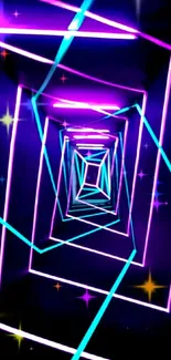 Futuristic neon geometric tunnel wallpaper with purple and blue lights.