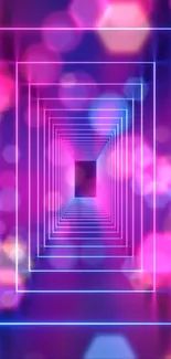 Vibrant neon geometric tunnel in pink and purple shades for mobile wallpaper.