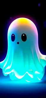 Cute neon ghost with glowing colors in blue and yellow for mobile wallpaper.