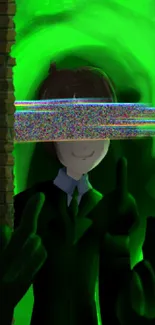 Mysterious character with glitch effect and neon green aura on wallpaper.