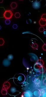 Artistic neon glow abstract wallpaper with blue patterns on black background.