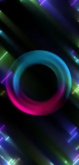 Vibrant neon abstract design with glowing circle and colorful light trails.