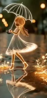 Artistic neon glow wallpaper of a girl with an umbrella.