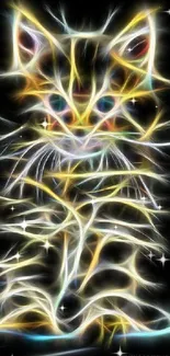 Vibrant neon glowing cat art on a dark background.