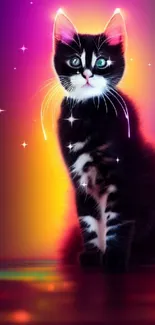 Neon glowing cat with vibrant background.