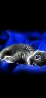 Neon glowing cat with blue and black background.