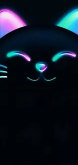 Neon cat with glowing colors on dark background.