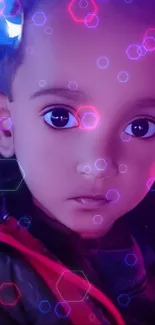 Child in neon hexagons with pink and purple glow.