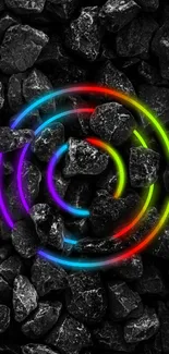 Neon circles on dark rocks mobile wallpaper.