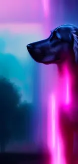 A dog standing in a pink and blue neon glow in a mystical forest setting.