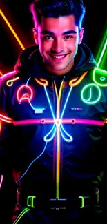 Mobile wallpaper with neon glowing fashion design in vibrant colors.